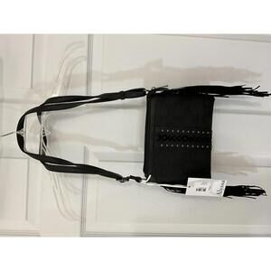 Alyssa Black Embossed Crossbody Bag with Fringe and Stud Details